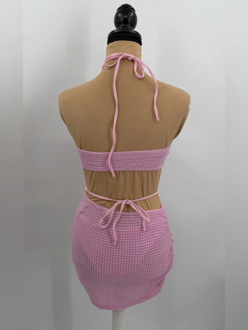Pink Rosette flower 3 Piece bikini set cover up skirt Textured S vacation resort